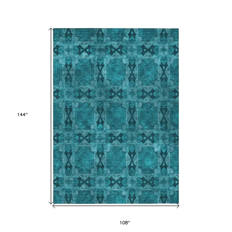 9' X 12' Teal Floral Medallion Washable Non Skid Indoor Outdoor Area Rug