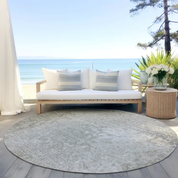 8' Round Beige Round Washable Non Skid Indoor Outdoor Area Rug
