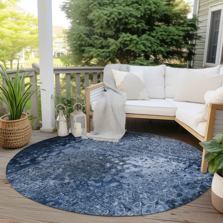8' Round Blue Round Washable Non Skid Indoor Outdoor Area Rug
