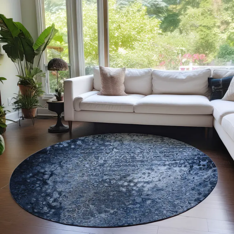 8' Round Blue Round Washable Non Skid Indoor Outdoor Area Rug