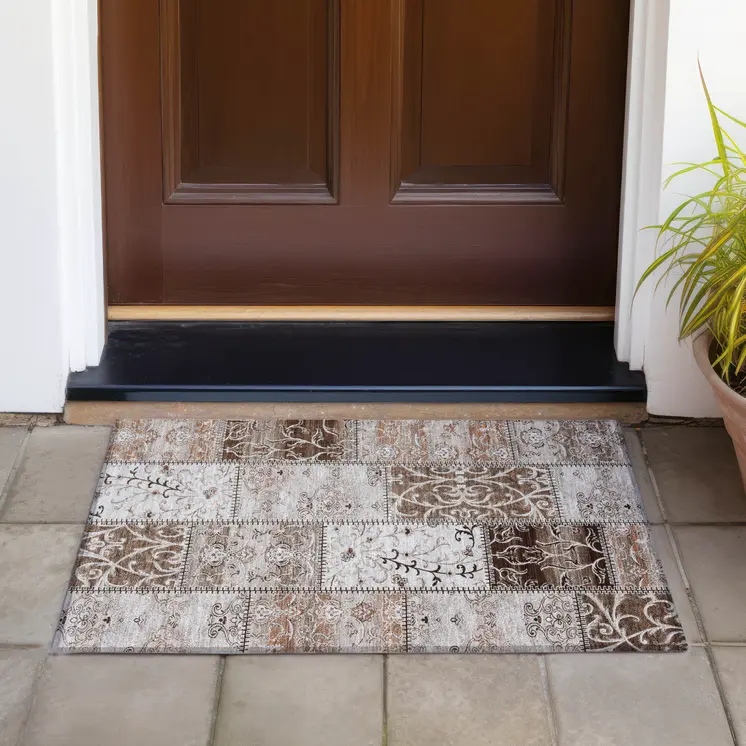 2' X 3' Taupe and Ivory Patchwork Washable Non Skid Indoor Outdoor Area Rug