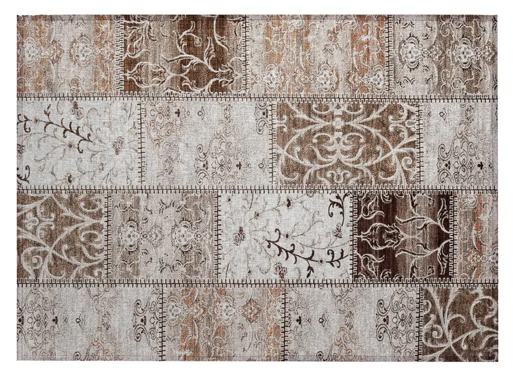 2' X 3' Taupe and Ivory Patchwork Washable Non Skid Indoor Outdoor Area Rug