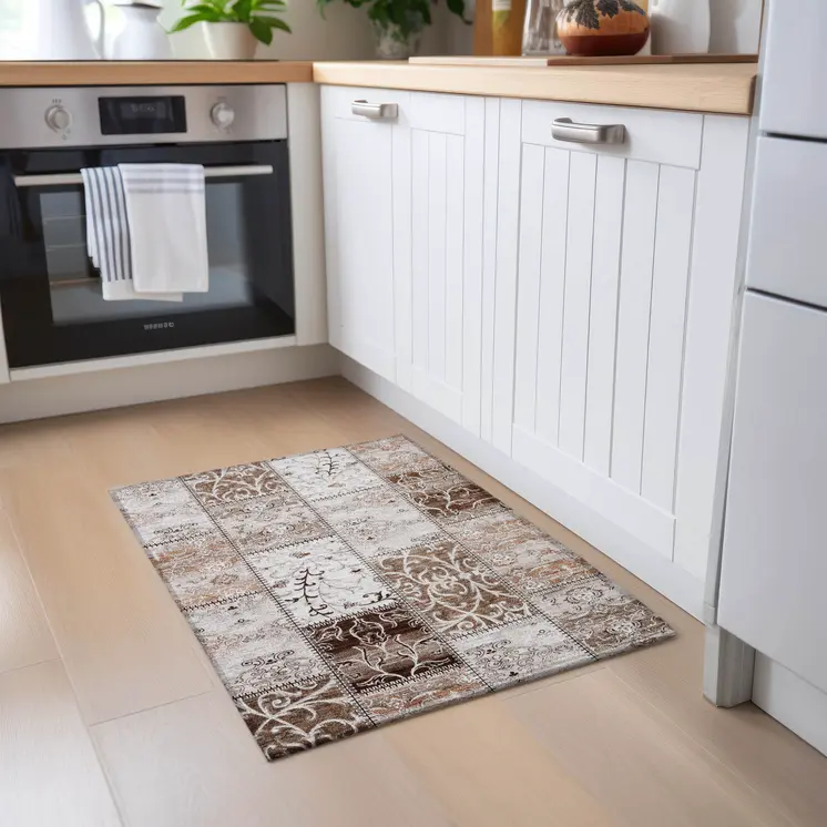 2' X 3' Taupe and Ivory Patchwork Washable Non Skid Indoor Outdoor Area Rug