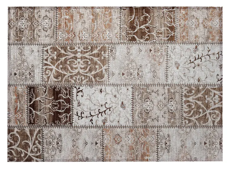 2' X 3' Taupe and Ivory Patchwork Washable Non Skid Indoor Outdoor Area Rug