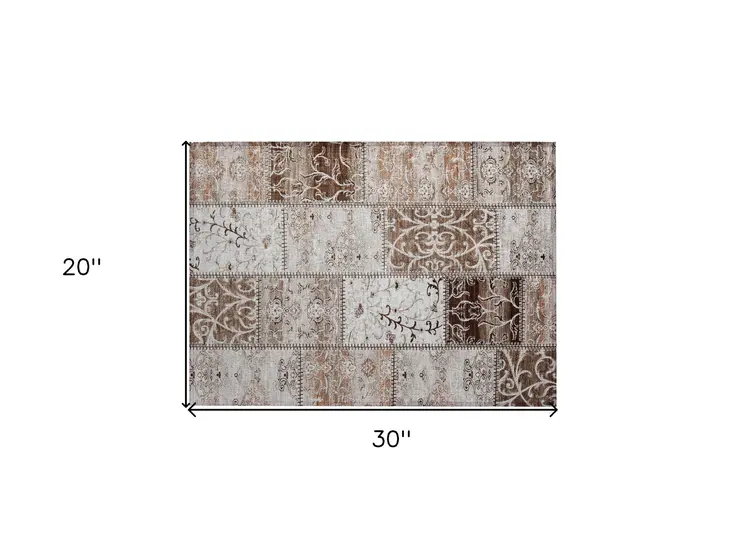 2' X 3' Taupe and Ivory Patchwork Washable Non Skid Indoor Outdoor Area Rug