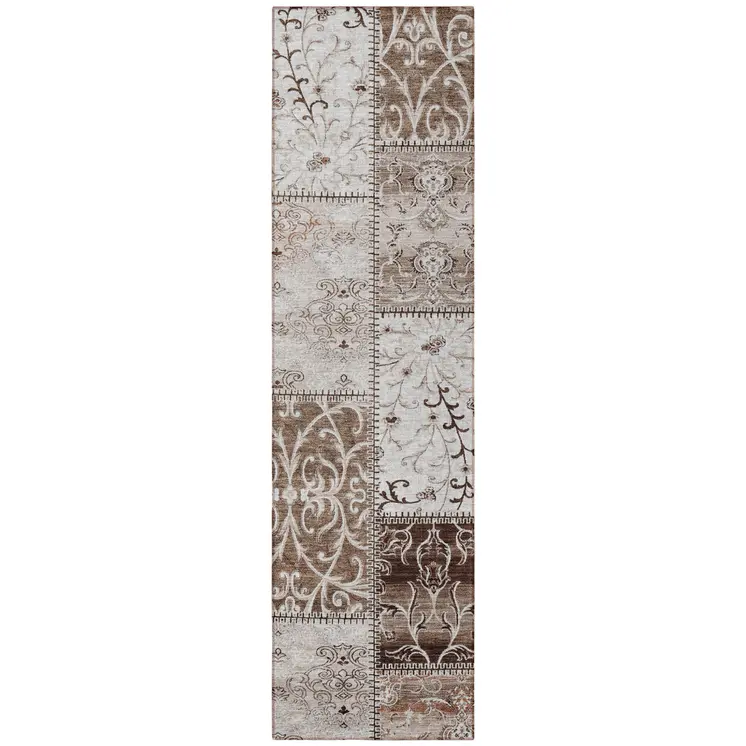 8' Runner Taupe and Ivory Patchwork Washable Non Skid Indoor Outdoor Runner Rug