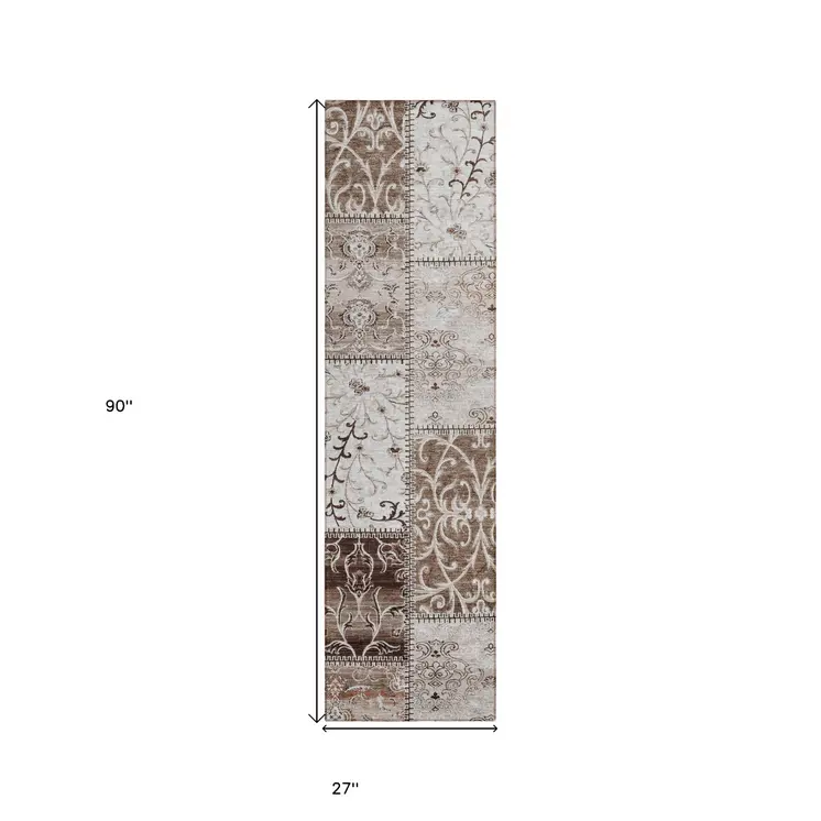 8' Runner Taupe and Ivory Patchwork Washable Non Skid Indoor Outdoor Runner Rug