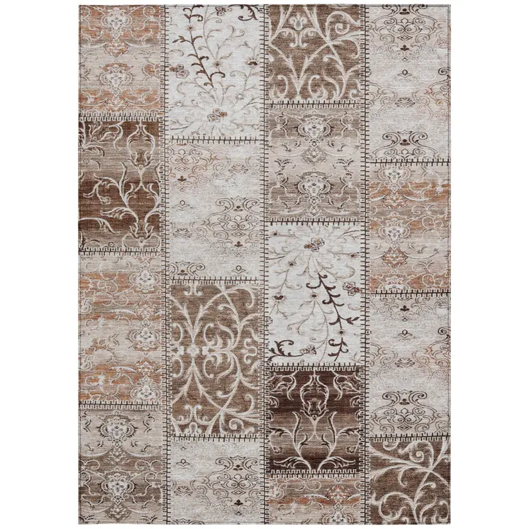 5' X 8' Taupe and Ivory Patchwork Washable Non Skid Indoor Outdoor Area Rug