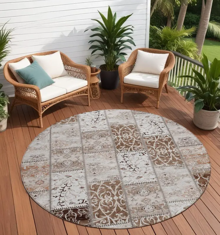 8' Round Taupe and Ivory Round Patchwork Washable Non Skid Indoor Outdoor Area Rug