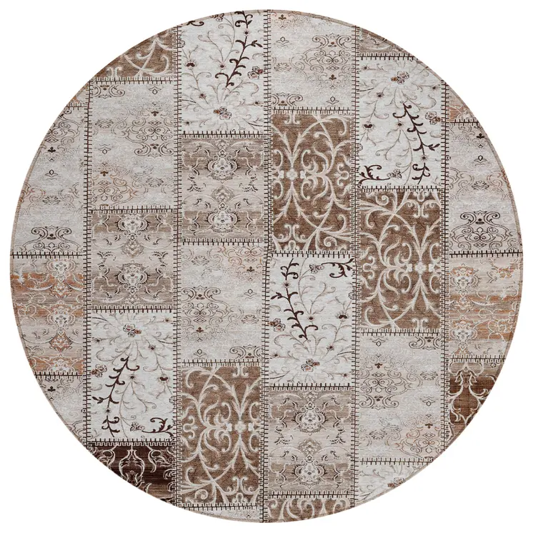 8' Round Taupe and Ivory Round Patchwork Washable Non Skid Indoor Outdoor Area Rug