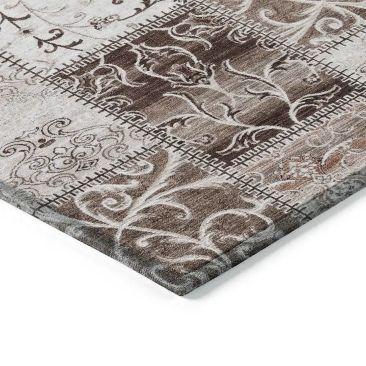 8' Round Taupe and Ivory Round Patchwork Washable Non Skid Indoor Outdoor Area Rug