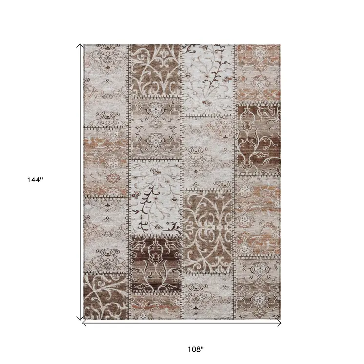 9' X 12' Taupe and Ivory Patchwork Washable Non Skid Indoor Outdoor Area Rug