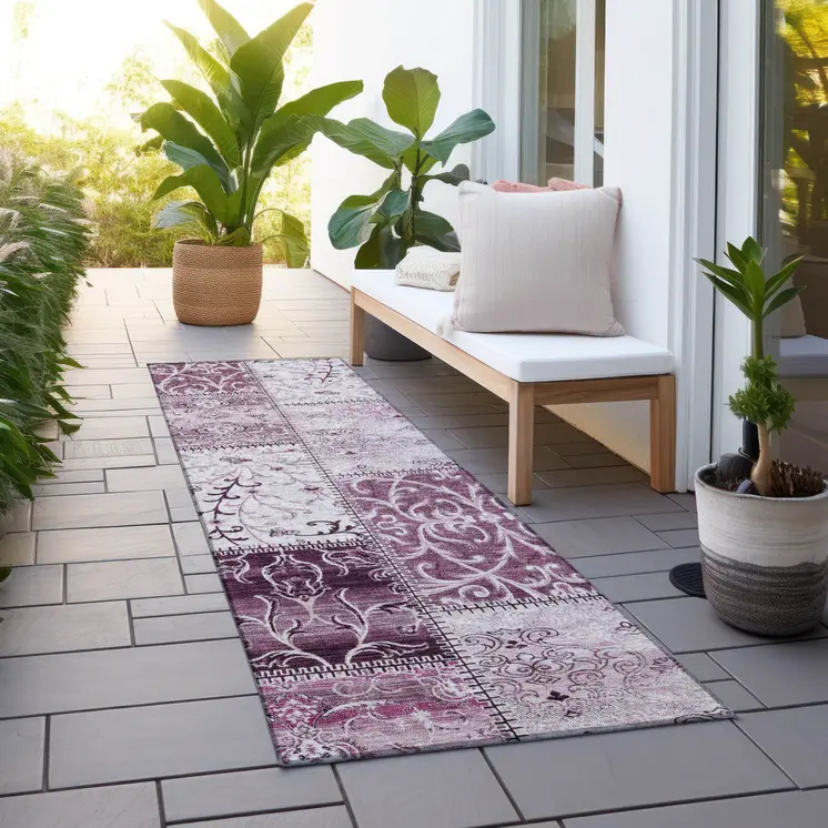 8' Runner Mountbatten Pink Patchwork Washable Non Skid Indoor Outdoor Runner Rug