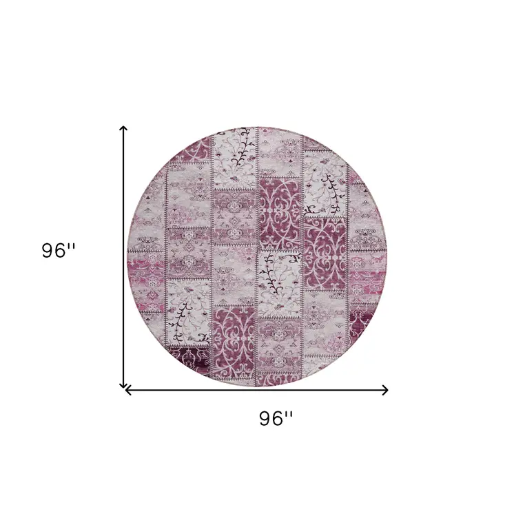 8' Round Mountbatten Pink Round Patchwork Washable Non Skid Indoor Outdoor Area Rug