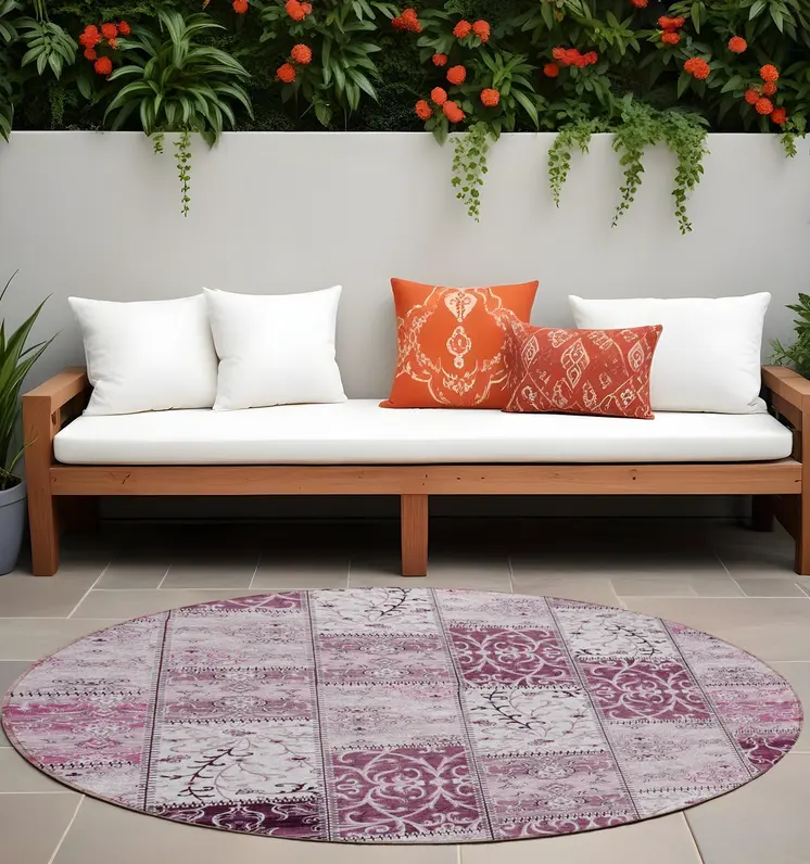 8' Round Mountbatten Pink Round Patchwork Washable Non Skid Indoor Outdoor Area Rug