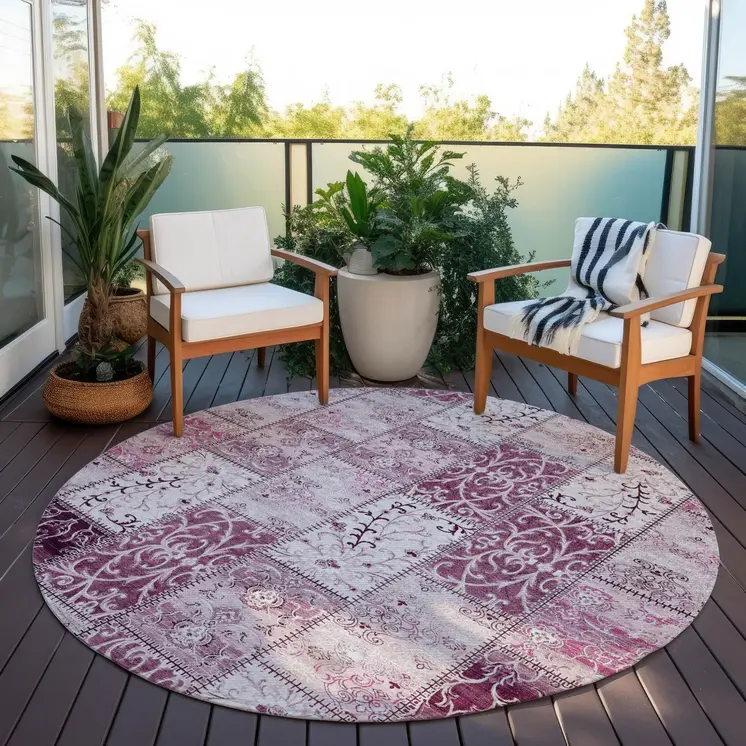 8' Round Mountbatten Pink Round Patchwork Washable Non Skid Indoor Outdoor Area Rug