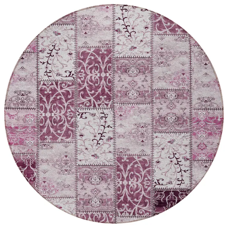 8' Round Mountbatten Pink Round Patchwork Washable Non Skid Indoor Outdoor Area Rug