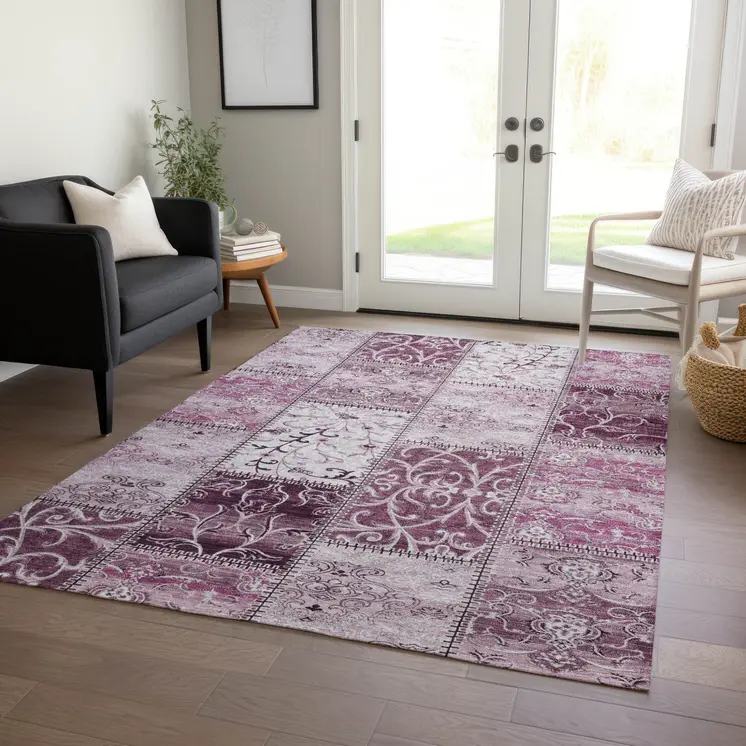 9' X 12' Pink Patchwork Washable Indoor Outdoor Area Rug