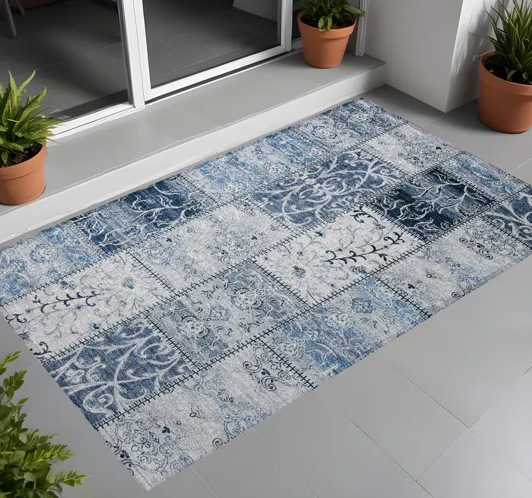 2' X 3' Denim Blue Patchwork Washable Non Skid Indoor Outdoor Area Rug