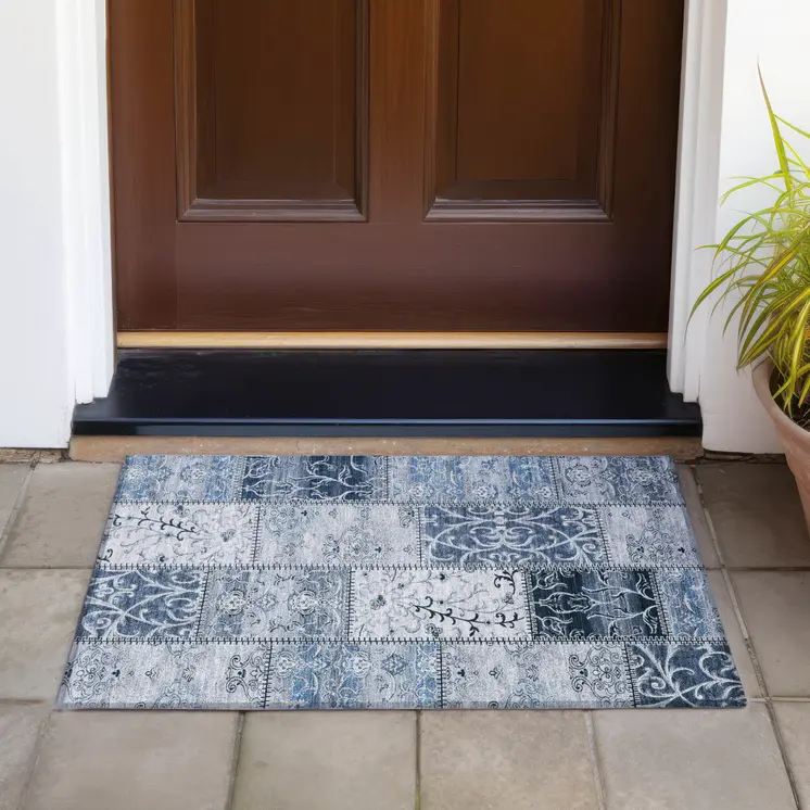 2' X 3' Denim Blue Patchwork Washable Non Skid Indoor Outdoor Area Rug