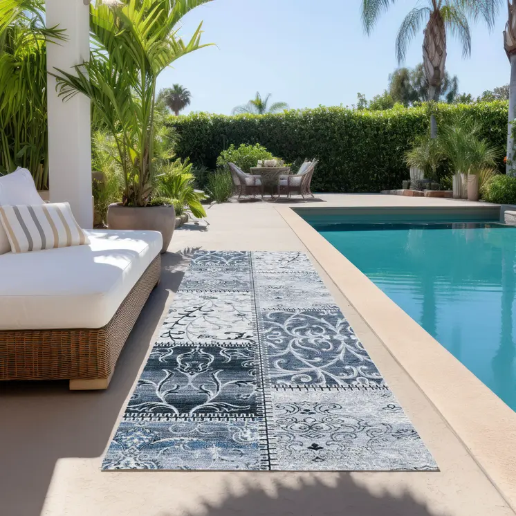 8' Runner Denim Blue Patchwork Washable Non Skid Indoor Outdoor Runner Rug