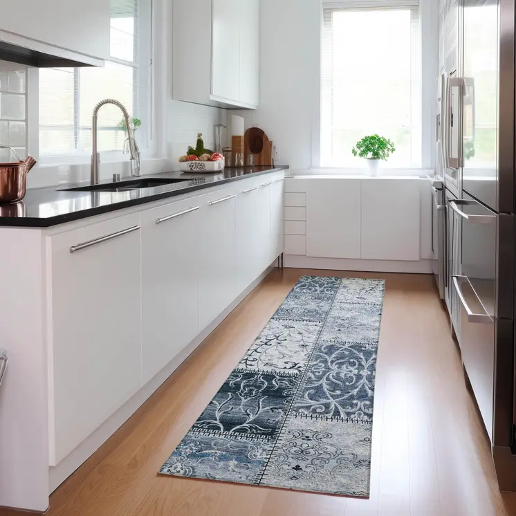 8' Runner Denim Blue Patchwork Washable Non Skid Indoor Outdoor Runner Rug