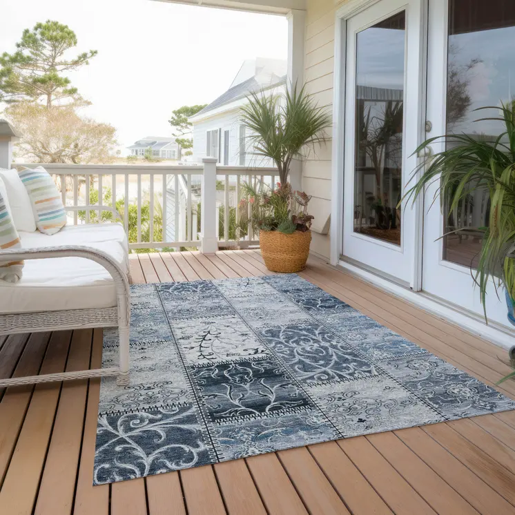 3' X 5' Denim Blue Patchwork Washable Non Skid Indoor Outdoor Area Rug