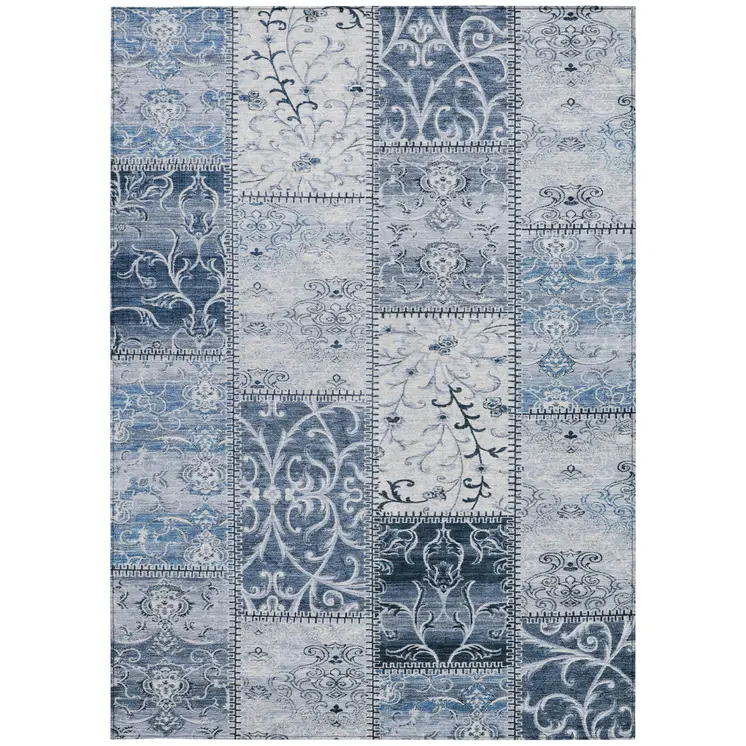 3' X 5' Denim Blue Patchwork Washable Non Skid Indoor Outdoor Area Rug