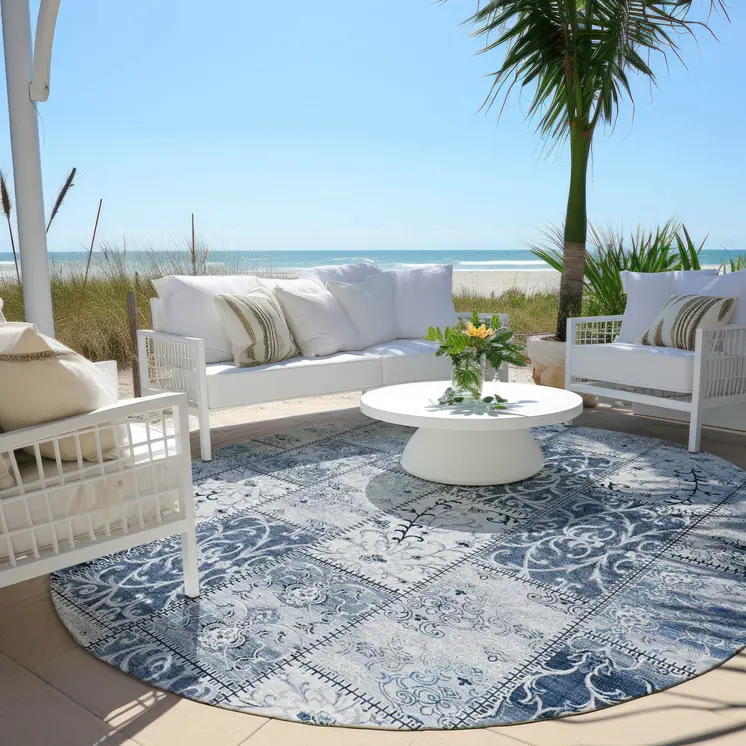 8' Round Denim Blue Round Patchwork Washable Non Skid Indoor Outdoor Area Rug