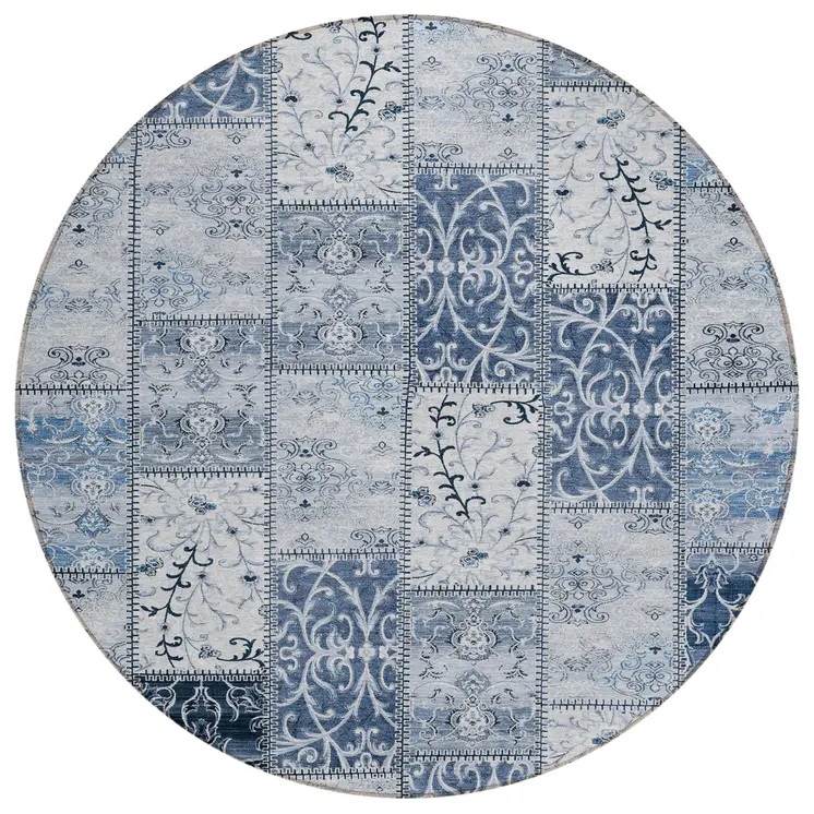 8' Round Denim Blue Round Patchwork Washable Non Skid Indoor Outdoor Area Rug