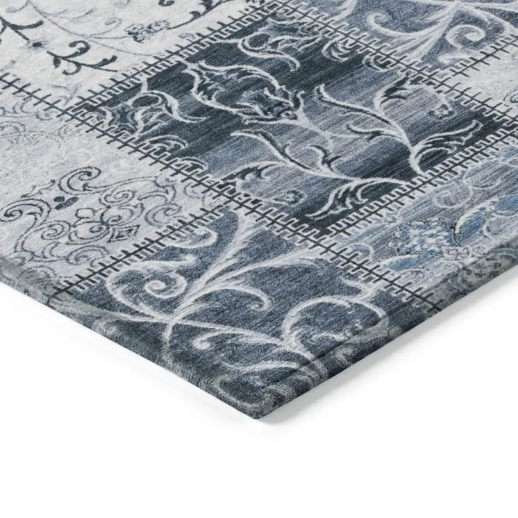 8' Round Denim Blue Round Patchwork Washable Non Skid Indoor Outdoor Area Rug