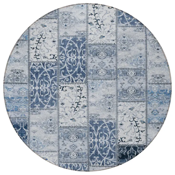 8' Round Denim Blue Round Patchwork Washable Non Skid Indoor Outdoor Area Rug