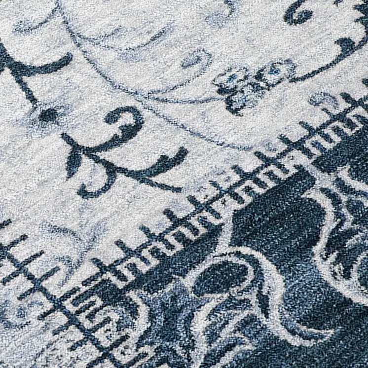 8' Round Denim Blue Round Patchwork Washable Non Skid Indoor Outdoor Area Rug
