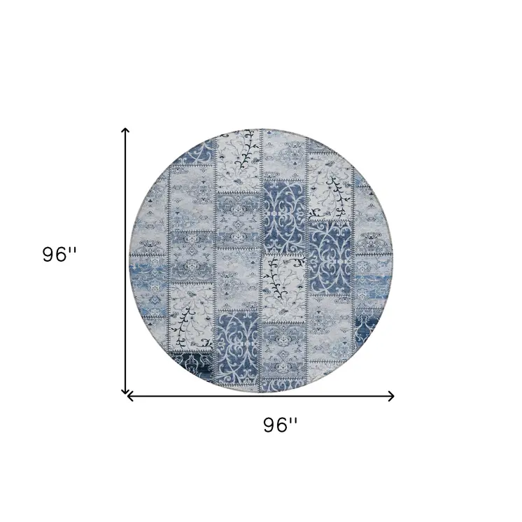 8' Round Denim Blue Round Patchwork Washable Non Skid Indoor Outdoor Area Rug