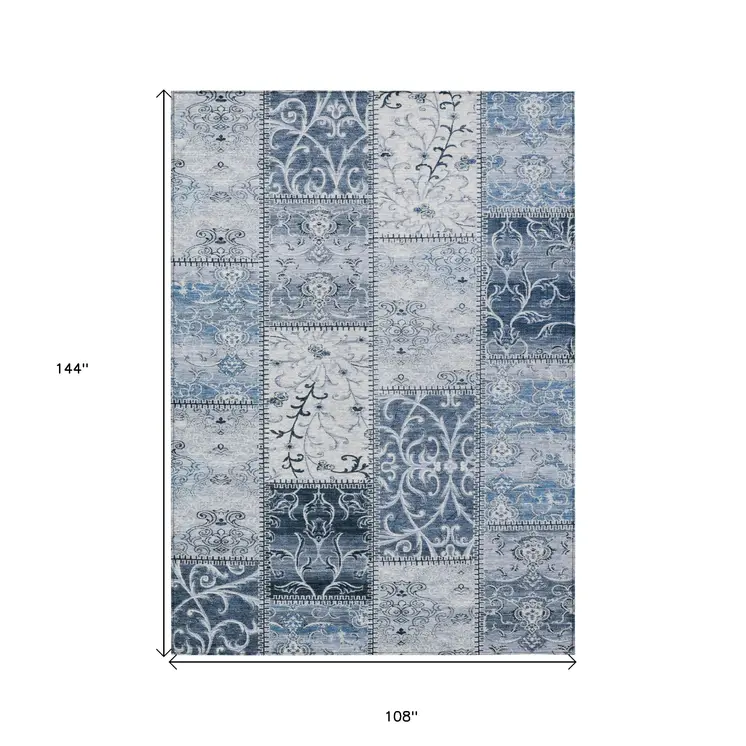 9' X 12' Denim Blue Patchwork Washable Non Skid Indoor Outdoor Area Rug