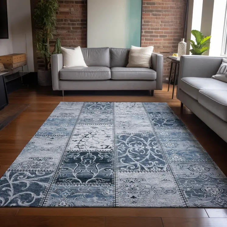 9' X 12' Denim Blue Patchwork Washable Non Skid Indoor Outdoor Area Rug