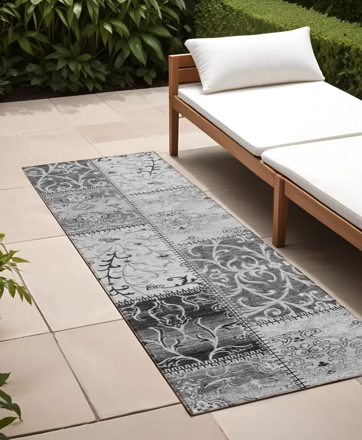 8' Runner Gray Patchwork Washable Non Skid Indoor Outdoor Runner Rug