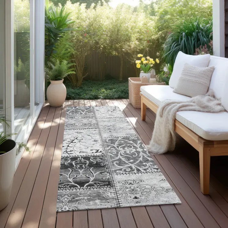 8' Runner Gray Patchwork Washable Non Skid Indoor Outdoor Runner Rug
