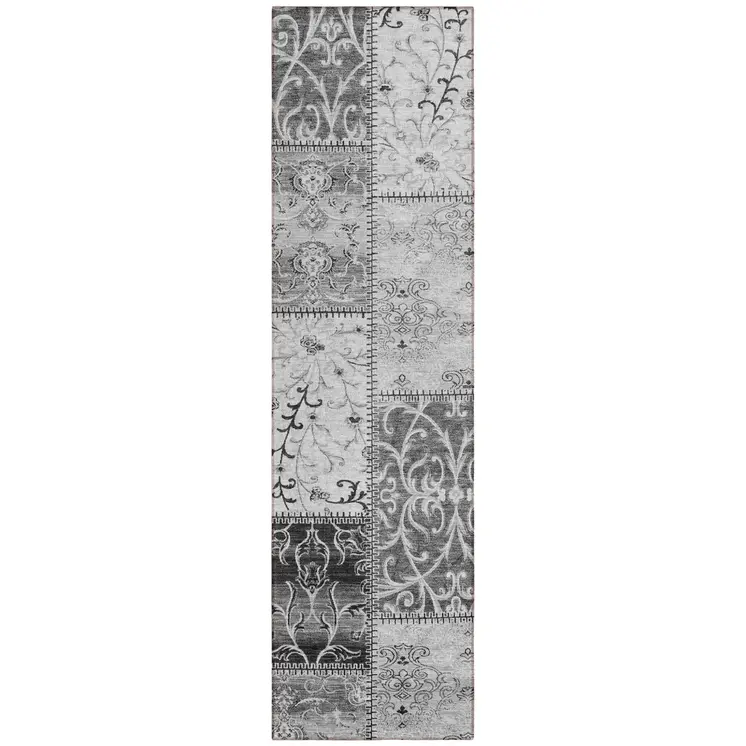 8' Runner Gray Patchwork Washable Non Skid Indoor Outdoor Runner Rug