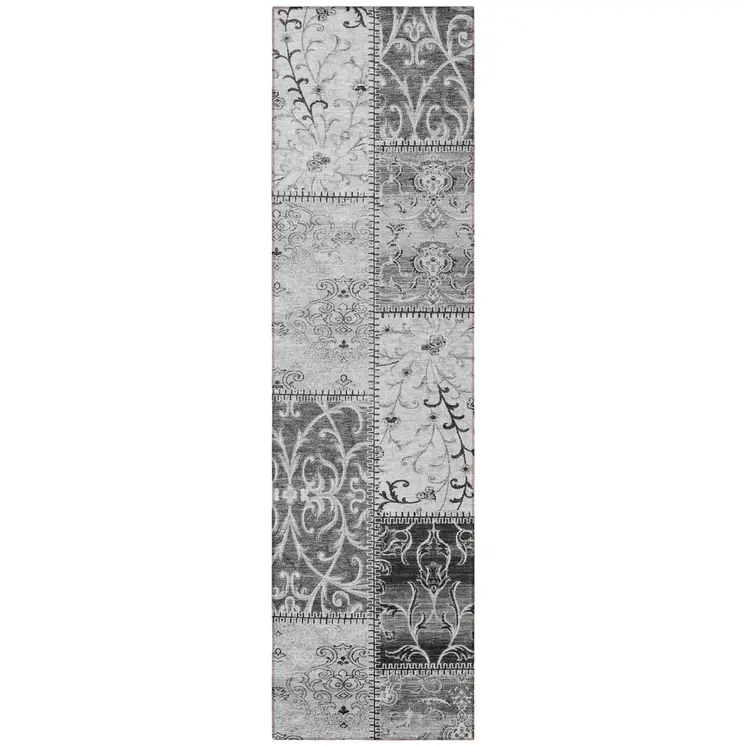 8' Runner Gray Patchwork Washable Non Skid Indoor Outdoor Runner Rug