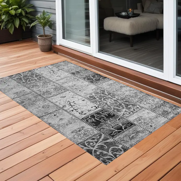 3' X 5' Gray Patchwork Washable Non Skid Indoor Outdoor Area Rug