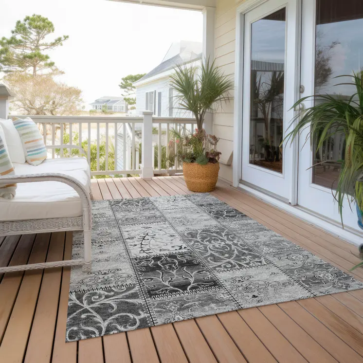 5' X 8' Gray Patchwork Washable Non Skid Indoor Outdoor Area Rug