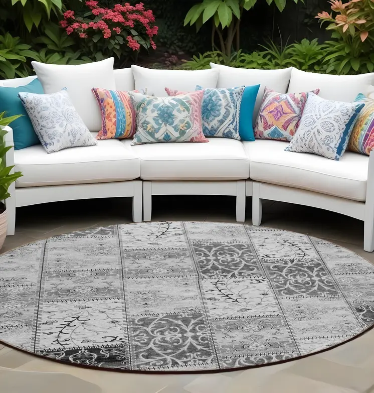 8' Round Gray Round Patchwork Washable Non Skid Indoor Outdoor Area Rug
