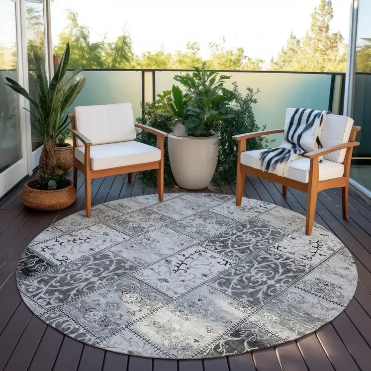 8' Round Gray Round Patchwork Washable Non Skid Indoor Outdoor Area Rug