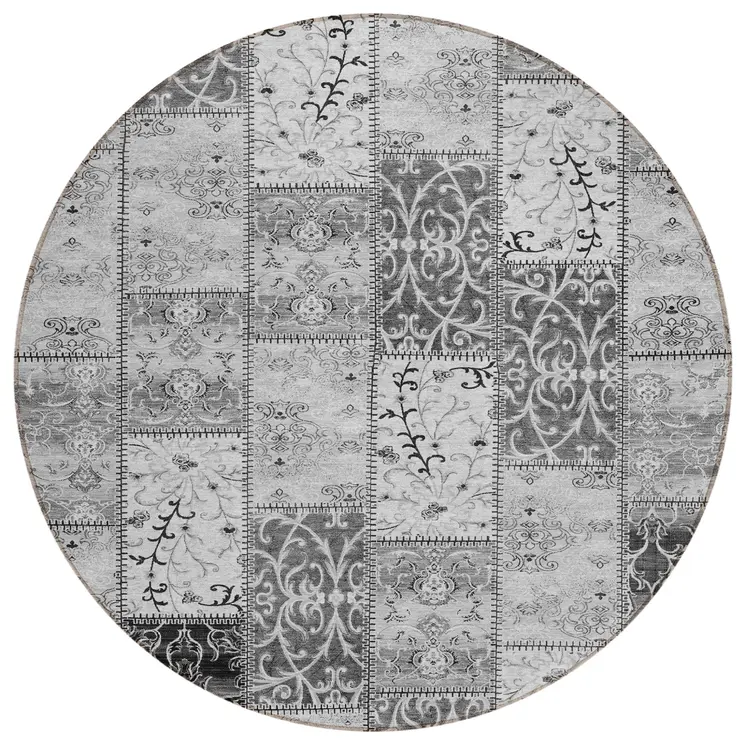 8' Round Gray Round Patchwork Washable Non Skid Indoor Outdoor Area Rug