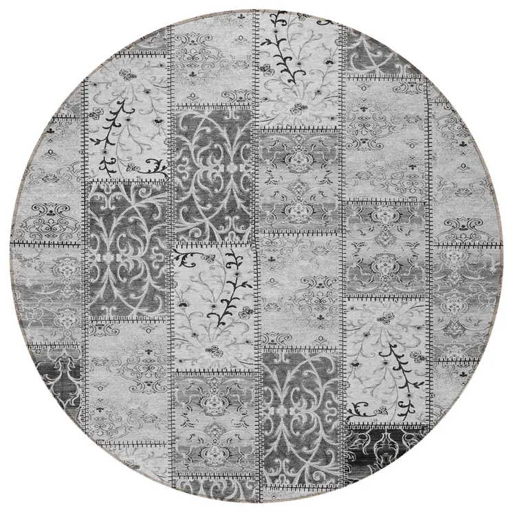 8' Round Gray Round Patchwork Washable Non Skid Indoor Outdoor Area Rug