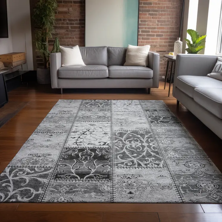 10' X 14' Gray Patchwork Washable Non Skid Indoor Outdoor Area Rug