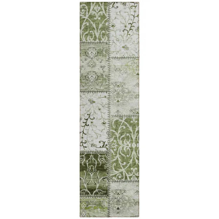 8' Runner Green Patchwork Washable Non Skid Indoor Outdoor Runner Rug