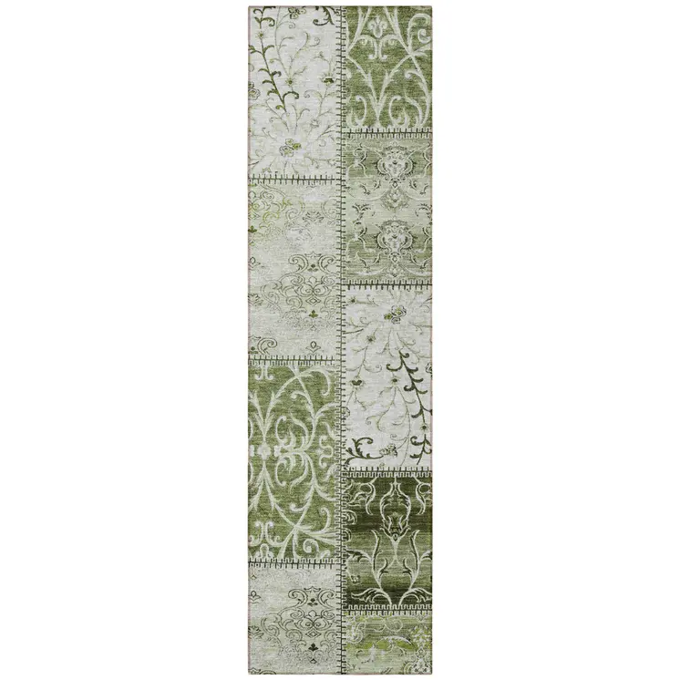 8' Runner Green Patchwork Washable Non Skid Indoor Outdoor Runner Rug