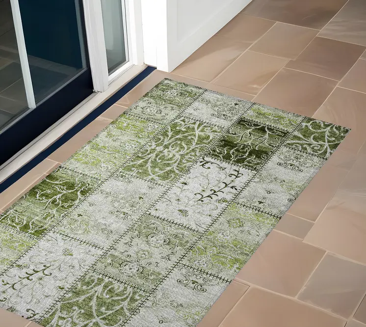 3' X 5' Green Patchwork Washable Non Skid Indoor Outdoor Area Rug
